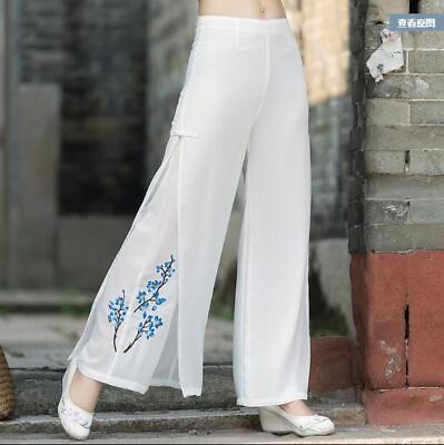 #ad New Summer Chinese style Women#x27;s Embroidery Wide Leg Pants Lady Chiffon Trousers $27.45
