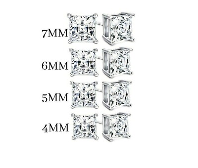 #ad 925 Sterling Silver Princess Cut Stud Earrings Cubic Zirconia Silver CZ 4 Sizes $7.99