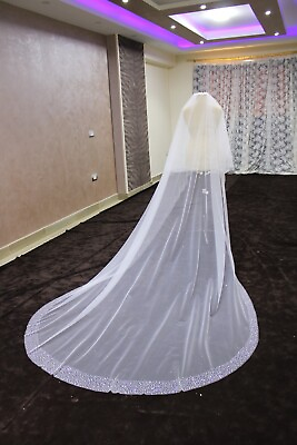 #ad Wedding blusher veil rhinestones edge ivory 3 meters long $138.00