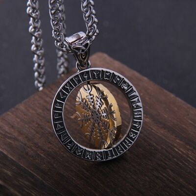 #ad Men#x27;s Helm of Awe Pendant Necklace Runes Stainless Steel Rotating Nordic $28.21