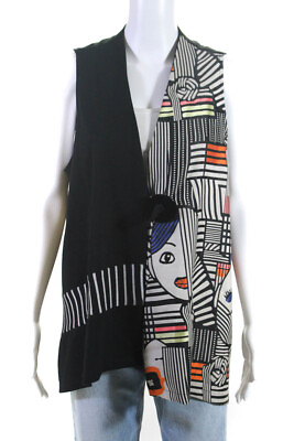 #ad Zoe Womens Tie Front Motif Face Printed V Neck Vest Jacket Black Multi Size XL $41.49