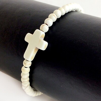 #ad White Cross Christian Bracelet Handmade Beaded Howlite Turquoise Bead 7.5quot; $4.99