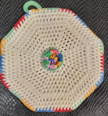 #ad Vintage Multi Color Handmade Crochet Potholder $8.99
