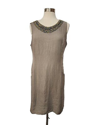 #ad LINA TOMEI Beaded Brown 100% Linen Sleeveless Dress Pockets XL Made In Italy $13.98