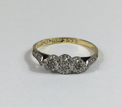 #ad Antique 18ct Yellow Gold Platinum Set Diamond Trilogy Ring Size I I 1 2 1.6g GBP 179.00