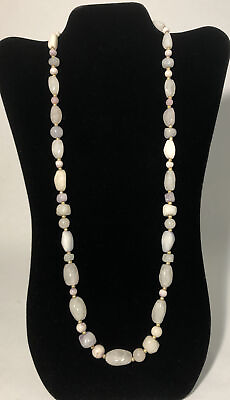 #ad Women’s Long 28” Natural Stone Bead Strand Necklace White Purple W Gold Accent $14.00