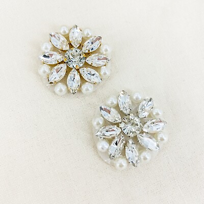 #ad Crystal Circle Rhinestone Applique Silver or Gold Setting w Pearls Bridal Trim $9.99