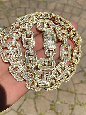 #ad Mens 14k Gold Plated Solid 925 Sterling Silver Baguette Gucci Link Chain 15mm CZ $604.60