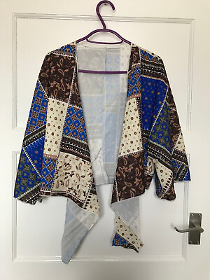 #ad Ladies Kimono Floral Blue Brown Cream Wide Sleeve Size S 8 Geometric Oriental GBP 6.99