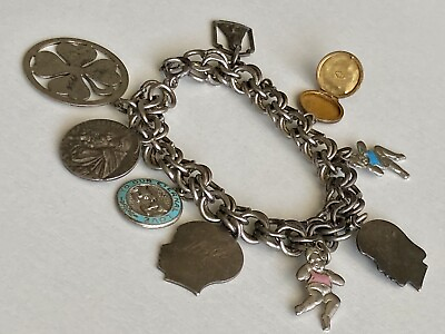 #ad Vintage Sterling Silver Charm Bracelet w 9 Charms 1 14k Gold RARE Charm 1950s $345.00