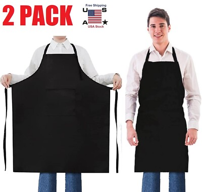 #ad 2PCS Waterproof Chef Apron Black Catering Cooking Kitchen Butcher w 2 Pocket US $9.98