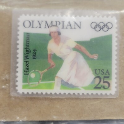 #ad Hazel Wightman 1924 Olympian Tennis USPS Stamp Brooch Lapel Pin Laminated Sealed $5.00