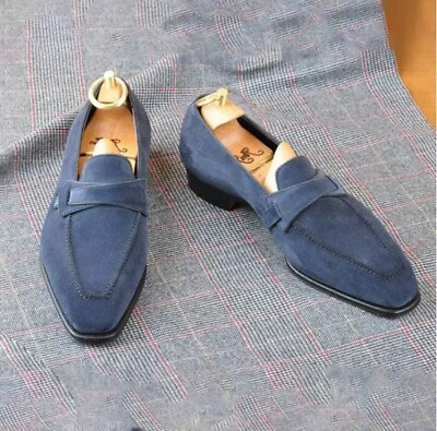 #ad Handmade blue suede leather dress shoes men leather dress moccasin shoes $169.99