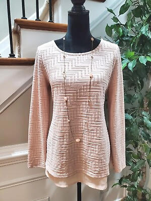 #ad The Limited Women#x27;s Beige Polyester Round Neck Long Sleeve Casual Top Blouse L $26.00