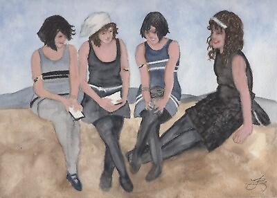#ad Original Watercolor Painting Vintage Beach Seaside Woman Girls Summer Ocean 1920 $25.00