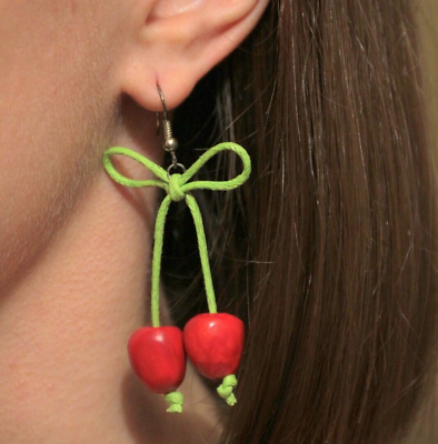 #ad Bow Cherry Earrings Statement Berry Jewelry Fruits Pin Up Funky Pop Jewellery $19.90