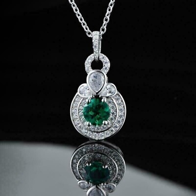 #ad 2Ct Round Cut Lab Created Emerald Halo Womens Pendant 14K White Gold Plated $61.06