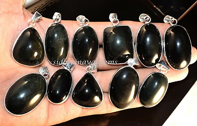 #ad Hot Sale Natural Black Rainbow Obsidian 925 Silver Plated Bezel Pendants Lot M41 $65.00