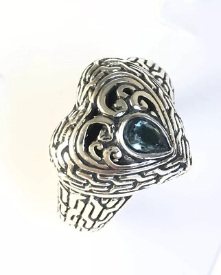 #ad Sterling Silver 925 Pear Blue Topaz Filigree Size 7 Heart Ring Bali Jewelry $36.75