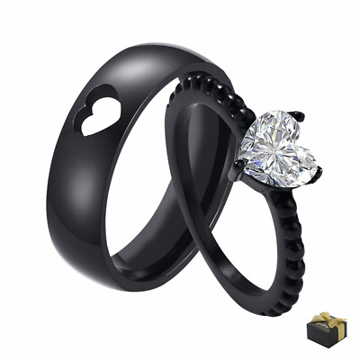 #ad 2pcs Titanium Hisamp;Hers Matching Heart CZ Promise Wedding Ring Set for Men Women $20.99