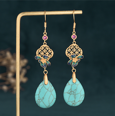 #ad Bohemian Turquoise Drop Dangle Earrings Gemstone Ethnic Ear Hook 18K Gold Plated $12.95
