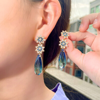 #ad Gold Plated Flower Blue Zircon Crystal Long Drop Dangle Earrings for Women Party $10.32