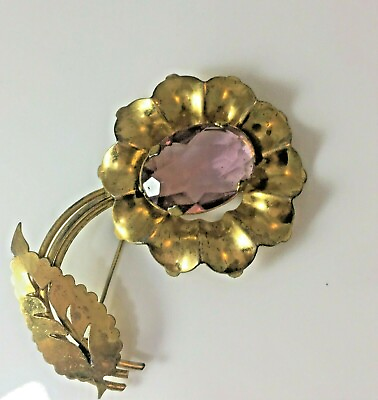 #ad Flower Brooch Pin Vintage Large Gold Tone Pink Lucite Stone 1950#x27;S Era 3quot; $15.00