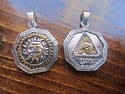 #ad Eye of Horus w Sun and Moon Faces Silver Gold Celestial Egyptian Occult Pendant $15.00
