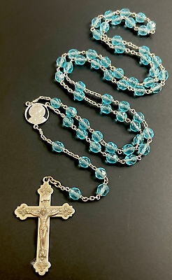 #ad Vintage Catholic Aqua Blue Crystal Rosary Mary Center Silver Tone Crucifix $14.99