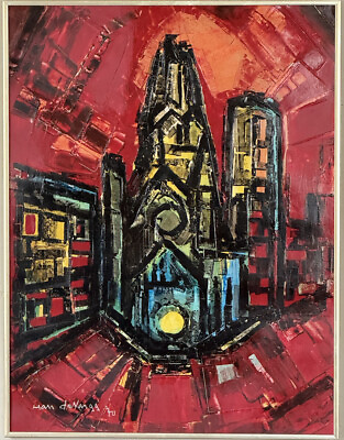 #ad COOL VINTAGE MODERN ABSTRACT CITYSCAPE EXPRESSIONIST OIL PAINTING CUBISM 1970 $750.00