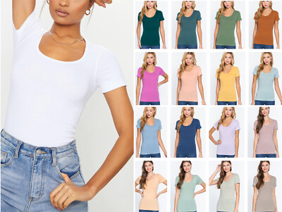 #ad Women#x27;s Basic T Shirt Scoop Neck Cotton Short Sleeve Solid Knit Plain Top Fitted $6.00