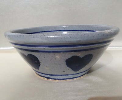 #ad Glazed Hand Thrown Stoneware Pottery Gray with Blue Hearts 3.75quot;H x 9quot;D $26.95