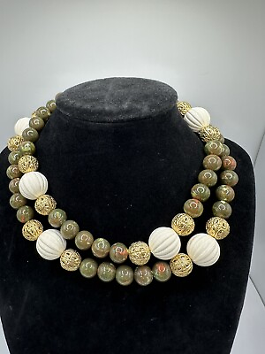 #ad 30” Beaded Necklace Green Gold Ivory $10.19