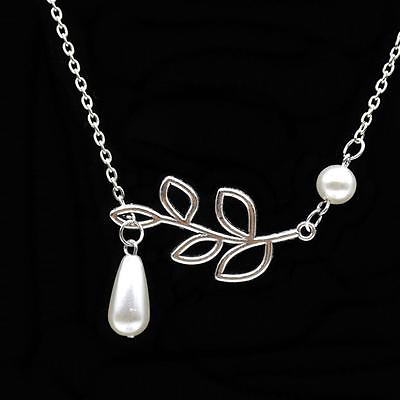 #ad PEARL AND LEAF BRANCH NECKLACE Hanging Charm Silver Tone Chain NEW Bridesmaid $7.95
