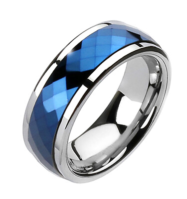 #ad 8mm White Tungsten Carbide Men Wedding Band Ring Blue Prism Spinning Center $24.99
