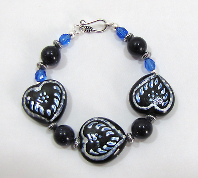 #ad Heart Bracelet with Blue Goldstone Saucer Beads Sterling Hook amp; Eye Clasp $21.75
