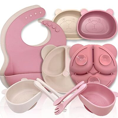 #ad 10 Piece Complete Kids Plates and Bowls Set Pink Bear Silicone BPA Free E... $37.86