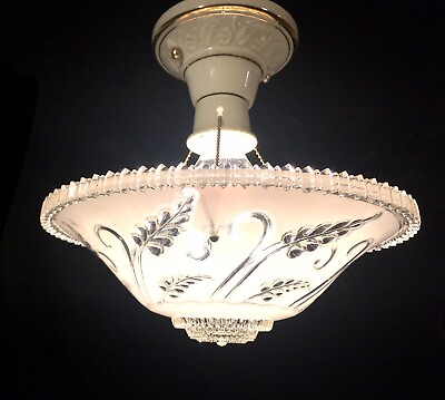 #ad Vintage Porcelier 3 Chain Chandelier Porcelain Ceiling Light Fixture Glass Shade $165.00