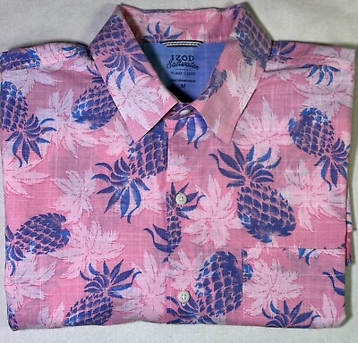 #ad Izod Shirt Mens Med Pink Hawaiian ‘Saltwater’ Pineapples Tropical Short Sleeves $17.99