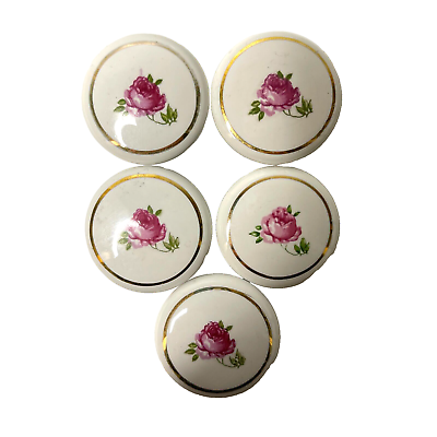 #ad Lot of 5 Vintage Rose Floral Gold Trim Porcelain Japan Made Cabinet Pulls Knobs $16.00