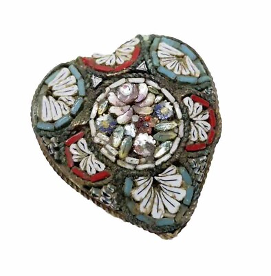 #ad Vintage Mosaic Italy Brass Gold Tone Heart Brooch Pin Lotus $18.00
