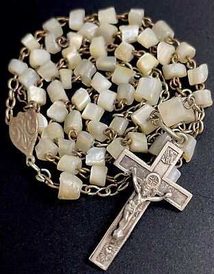 #ad Vintage Catholic Genuine Mother Of Pearl MOP Petite Rosary Silver Tone Crucifix $23.99