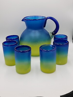 #ad Mexican? Blown Glass Pitcher W 6 Glasses Blue Chartreuse Flashed Summer GUC READ $37.49