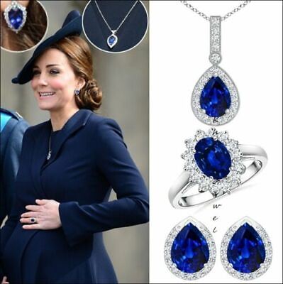 #ad Kate Middleton Inspired 925 Silver Sapphire Simulated Pendant Earrings Ring Set $264.92