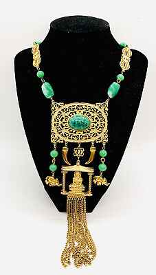 #ad Huge Statement Peking Glass Buddha Necklace Ornate Filigree Vintage Jewelry $285.00