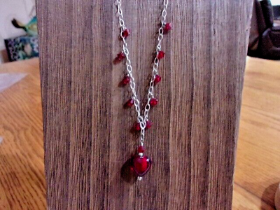 #ad Lucky Clover Brand Sterling Red Glass Heart Beaded Necklace $36.00