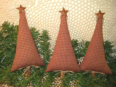 #ad 3 Rustic Red Fabric Trees Country Bowl Fillers Prim Christmas Decor Rusty Stars $22.95