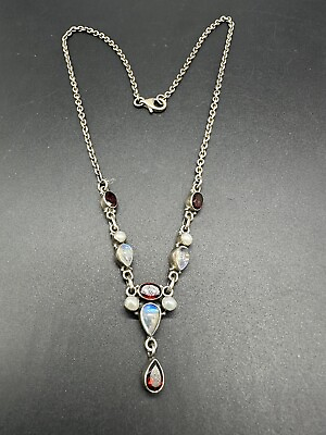 #ad Vintage Garnet Multi Gemstone Sterling Silver 925 Chain Necklace 17” $67.90