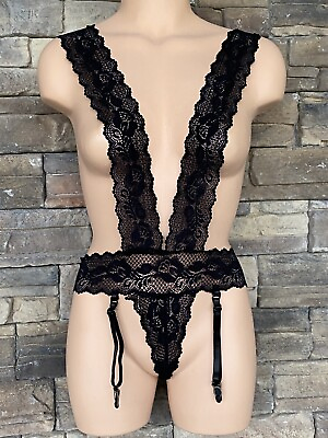 #ad Hot Black Lace Lingerie OS Bodysuit With Garters $17.49