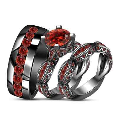 #ad 14K Black Gold Plated Lab Created Ruby Wedding His Her Trio Ring Band Set 2 Ct $169.99
